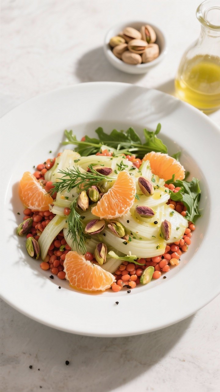 Final dish, overhead hero: Fennel–Orange Salad with red lentils, pistachios, and dill plated in a