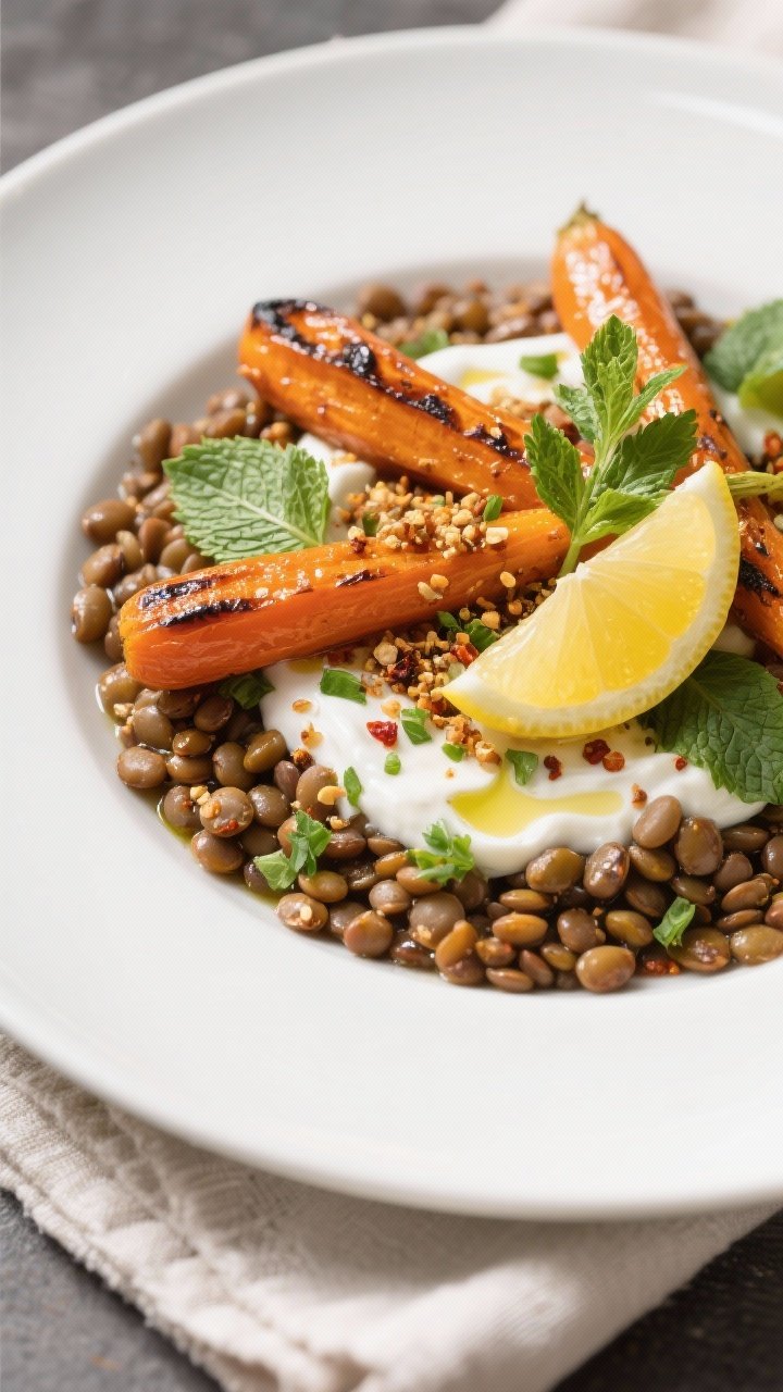 Final dish, overhead: Restaurant-quality plate of Roasted Carrots with Dukkah, Warm Lentils, Mint Yo