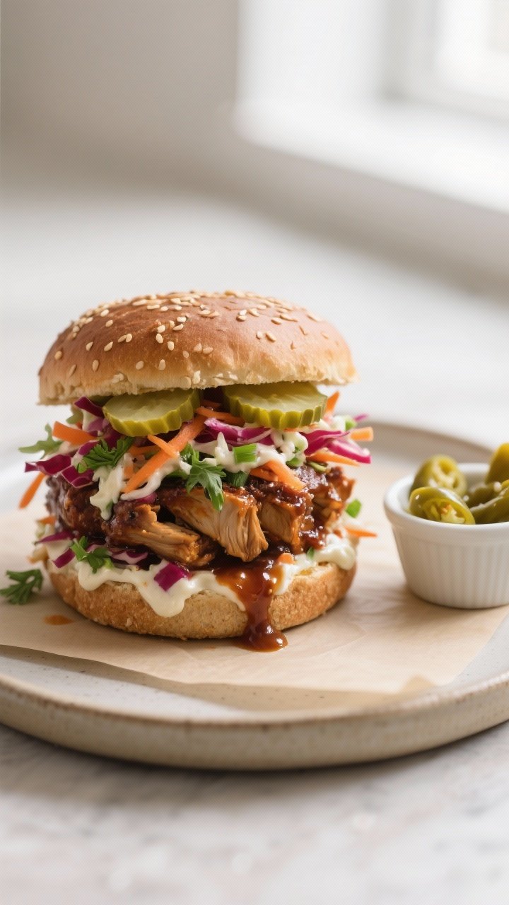 Final dish portrait: BBQ Jackfruit Sandwich stacked high on a lightly toasted whole‑grain bun, ove