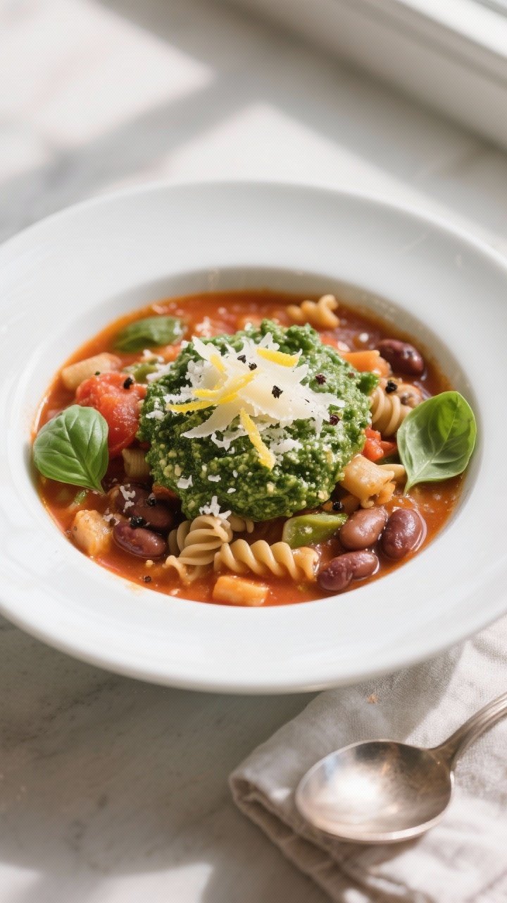 Final dish presentation: A restaurant-quality bowl of Hearty Minestrone plated in a wide white bowl,