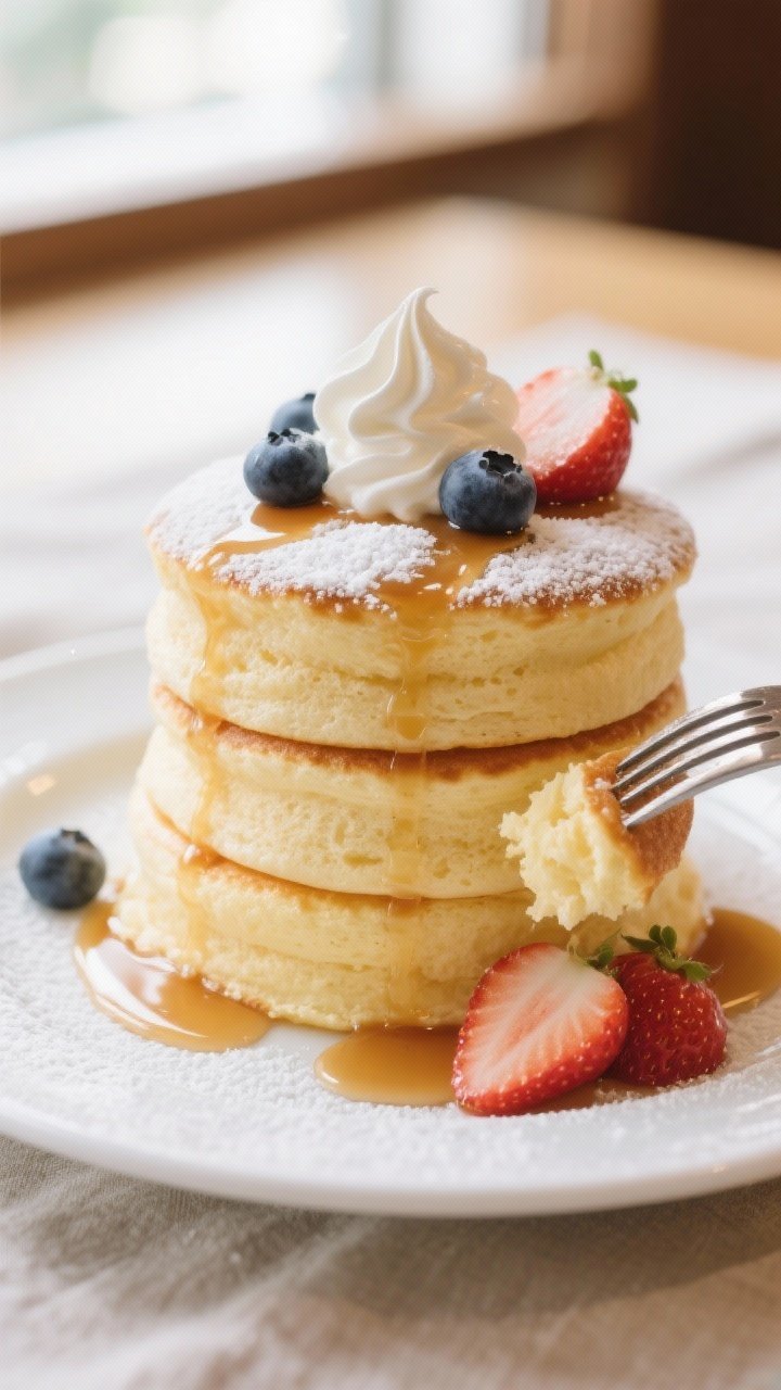 Final dish presentation: A tall stack of three Japanese soufflé pancakes on a matte white plate, du