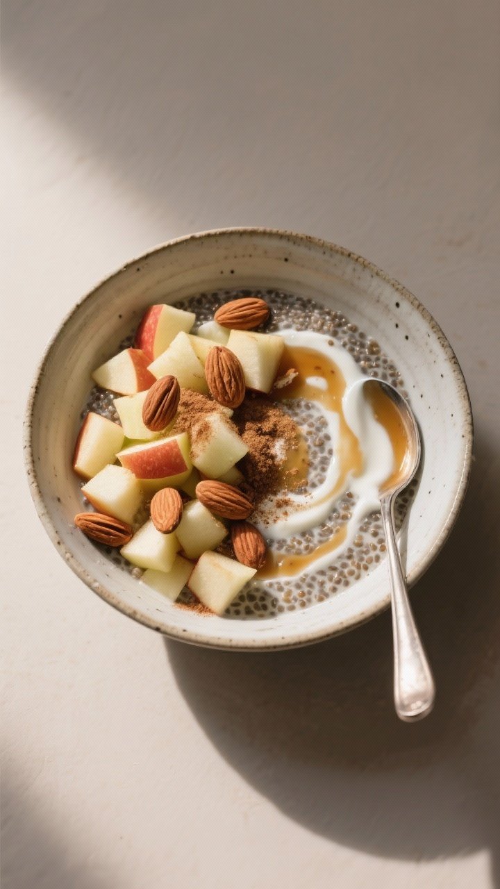 Final dish presentation: Beautifully plated Apple–Cinnamon Chia Pudding in a wide, shallow ceramic