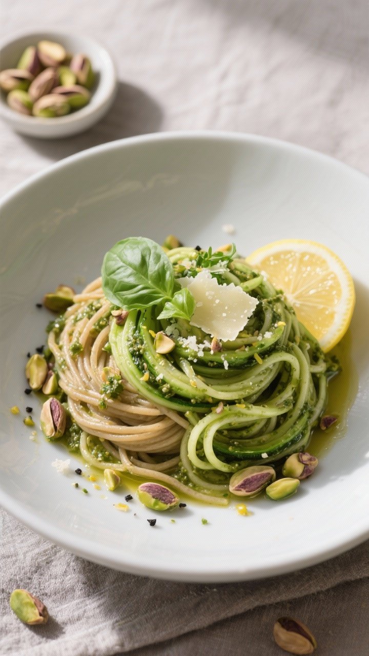 Final dish presentation: Beautifully plated bowl of Zoodles + Whole‑Wheat Spaghetti (Half‑and‑