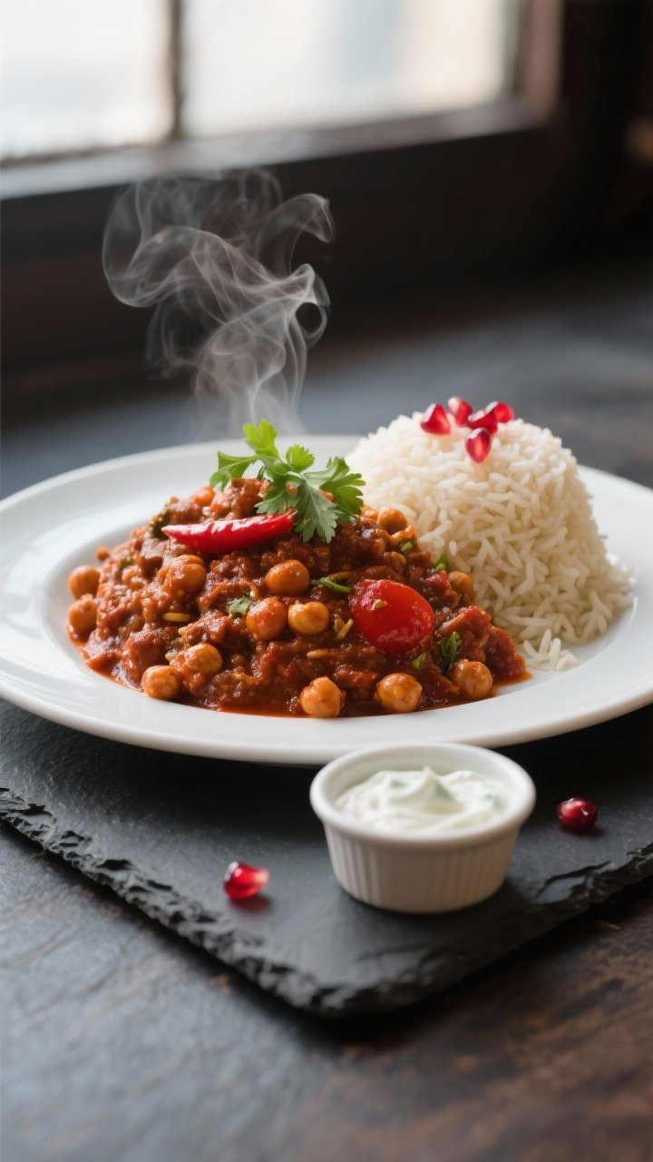 Final dish presentation: Hero plate of chana masala with brown basmati formed into a neat mound and