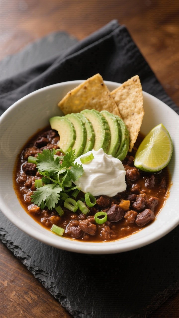 Final dish presentation: Restaurant-quality bowl of chili sin carne plated in a wide white bowl, top
