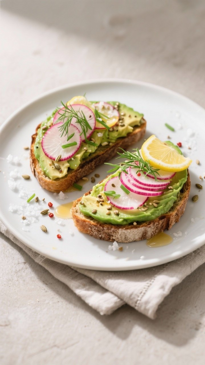 Final dish presentation: Restaurant-quality plate with two finished avocado toasts arranged slightly