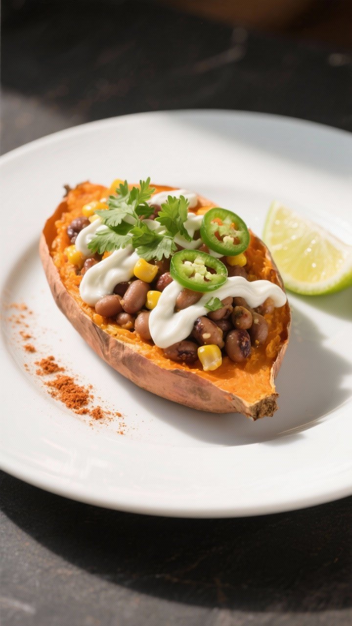 Final dish presentation: Restaurant-quality plated single serving of stuffed sweet potato on a wide