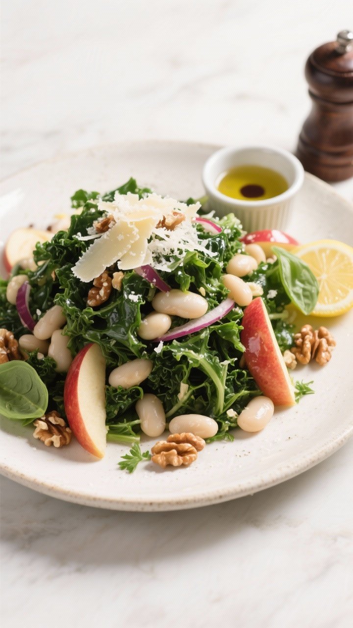 Final dish presentation: Restaurant-quality plated Tuscan White Bean Kale Salad on a wide, off-white