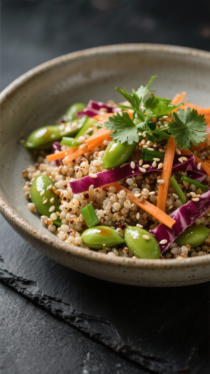 Final dish presentation: Restaurant-quality plated quinoa bowl, lightly tossed so ingredients interm