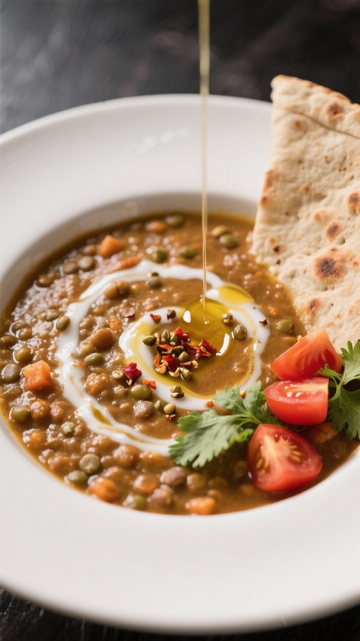 Final dish presentation: Restaurant-quality plating of Tomato Lentil Dal with a swirl of coconut mil