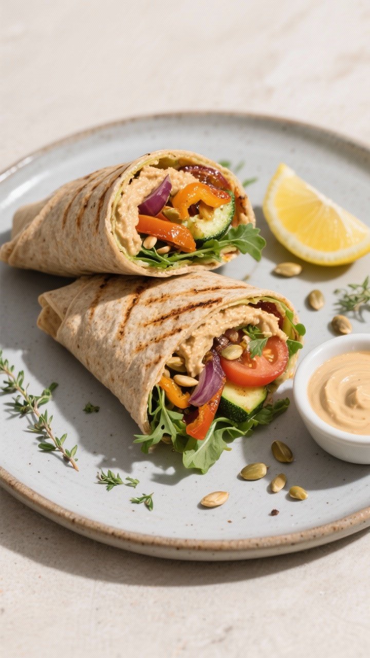 Final dish, tasty top view: Overhead shot of two seared whole‑grain wrap halves, sliced on the bia