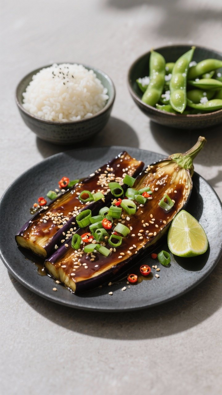 Final dish, tasty top view: Restaurant-quality plate of miso-glazed eggplant arranged on a matte cha