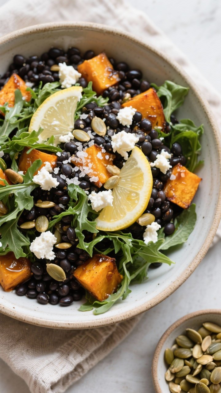 Final dish, top-down: Overhead shot of the Black Beluga Lentil Salad fully assembled in a low, wide