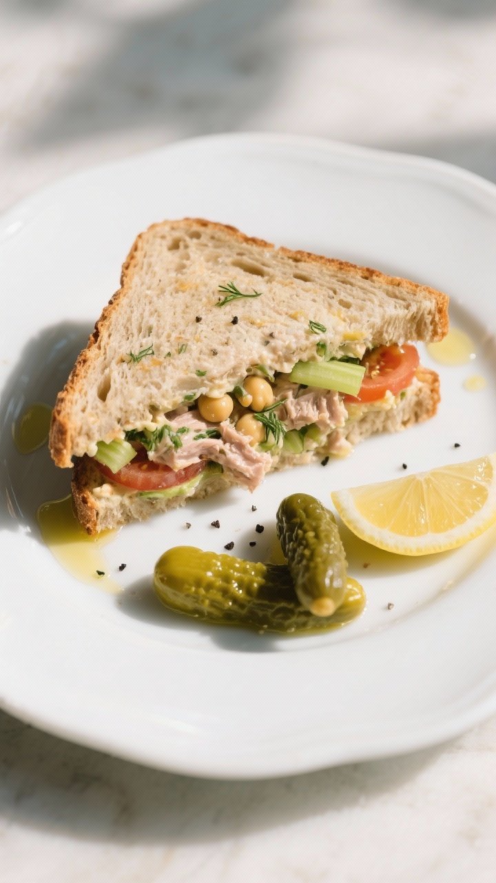 Final dish top view: Finished Chickpea “Tuna” Salad Sandwich on rye, cut diagonally with clean e