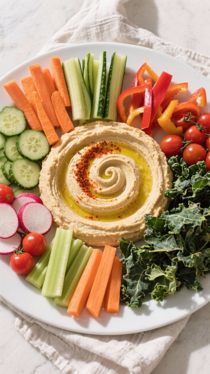 Final dish top view: Overhead platter of the complete snack combo—swirled hummus garnished with ol