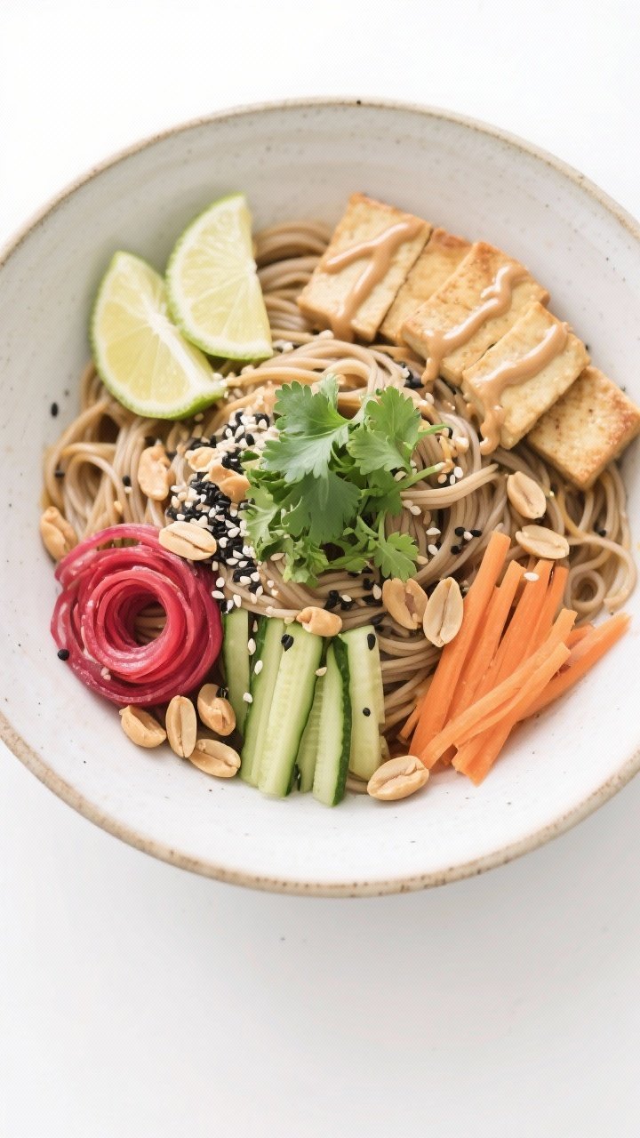 Final dish top view: Overhead shot of a beautifully plated Peanut Soba Noodle Bowl in a wide, shallo
