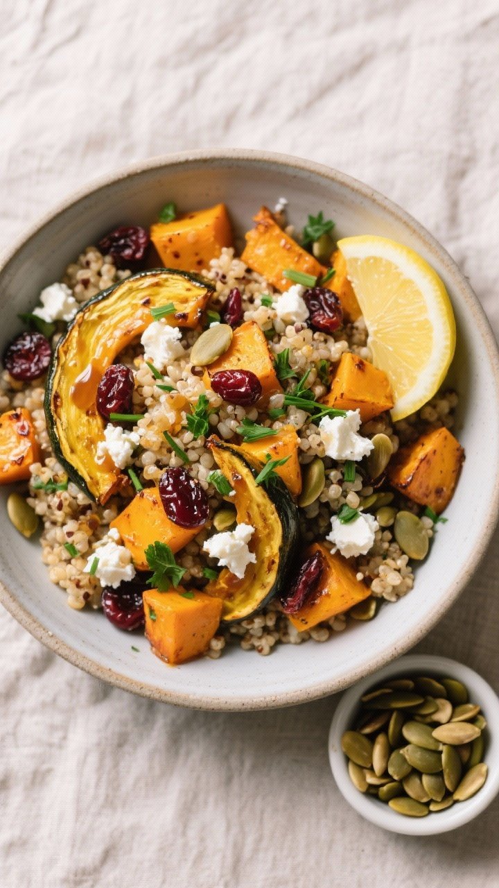 Final dish top view: Overhead shot of the assembled Roasted Squash Quinoa Power Bowl—roasted butte