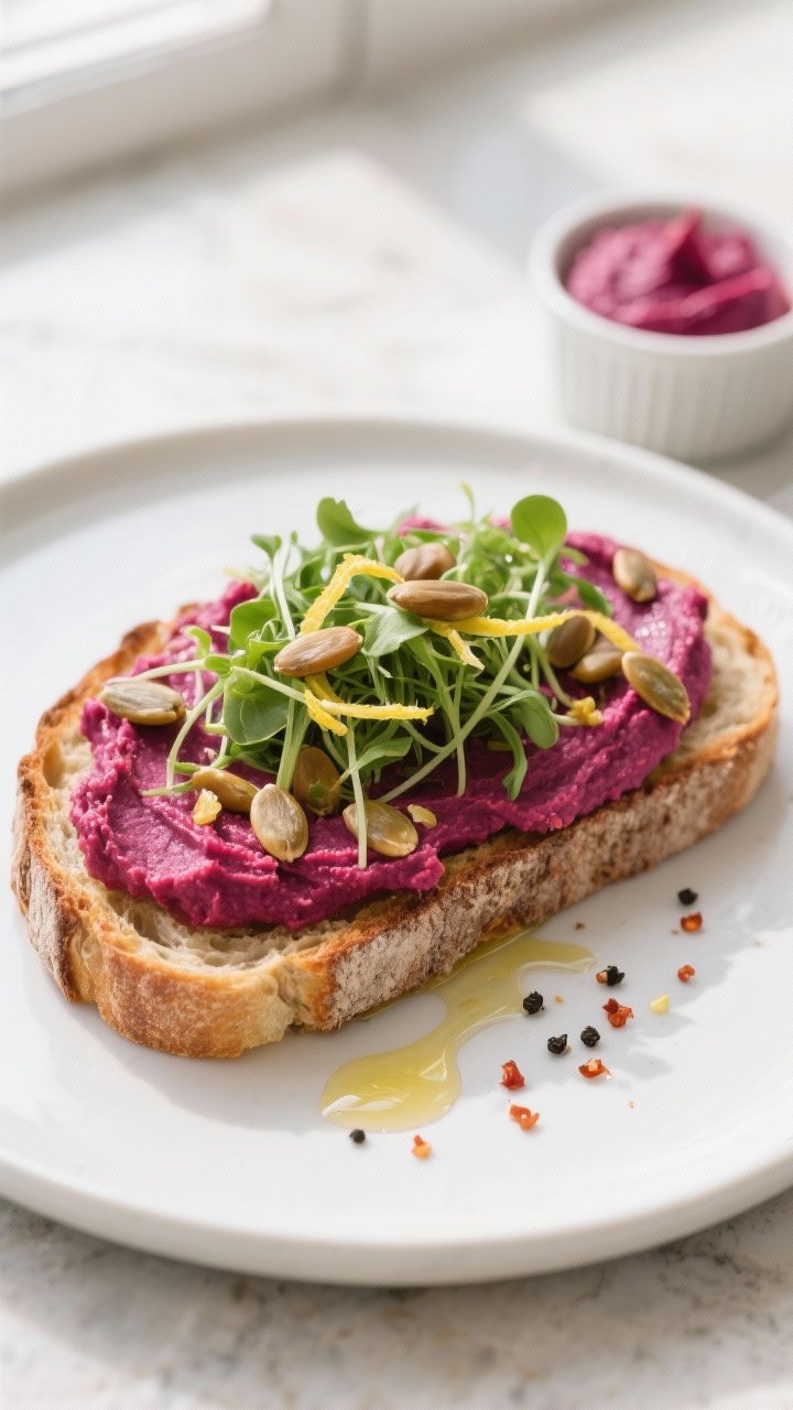 Final plated beauty: Beet Hummus Toast with a generous edge-to-edge smear of vivid magenta beet humm