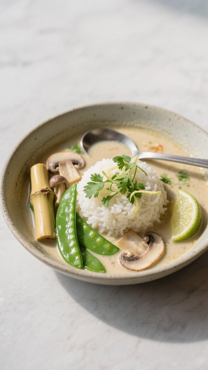 Final plated beauty: Restaurant-quality presentation of Tom Kha ladled over a small mound of jasmine