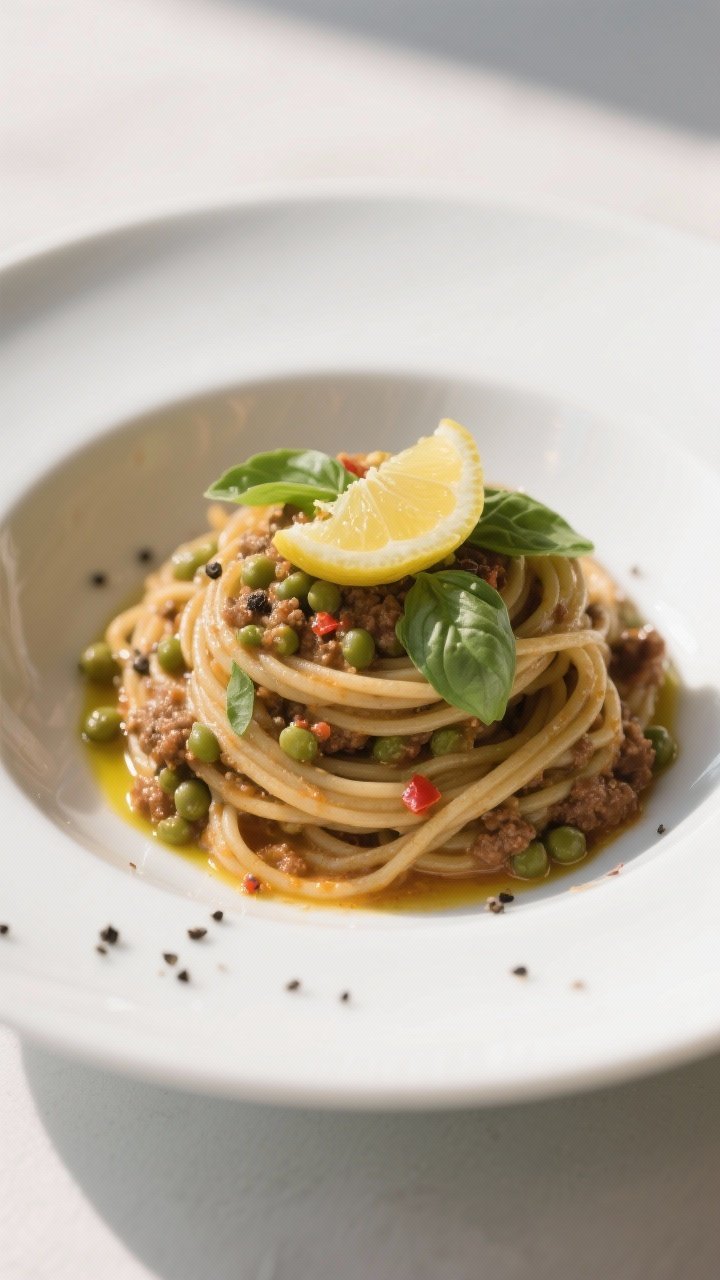 Final plated dish: Beautifully twirled nest of whole-wheat spaghetti with green lentil Bolognese in