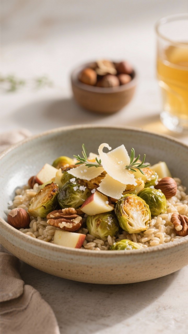 Final plated dish beauty: A composed bowl of the fall power bowl—barley base mounded with golden,