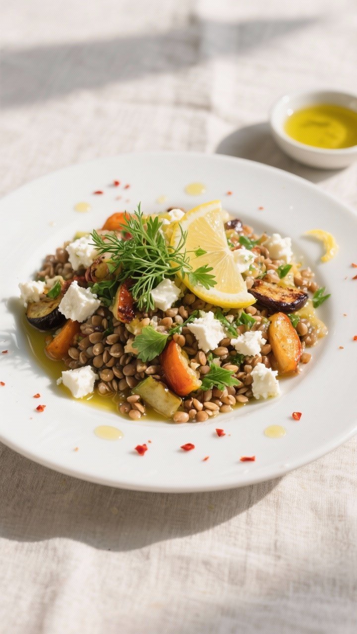 Final plated dish: Restaurant-quality presentation of Buckwheat Salad with Roasted Vegetables and Fe