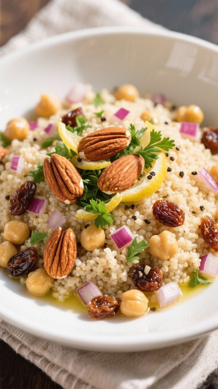 Final plated dish: Restaurant-quality presentation of Whole-wheat Couscous with Raisins, Chickpeas,