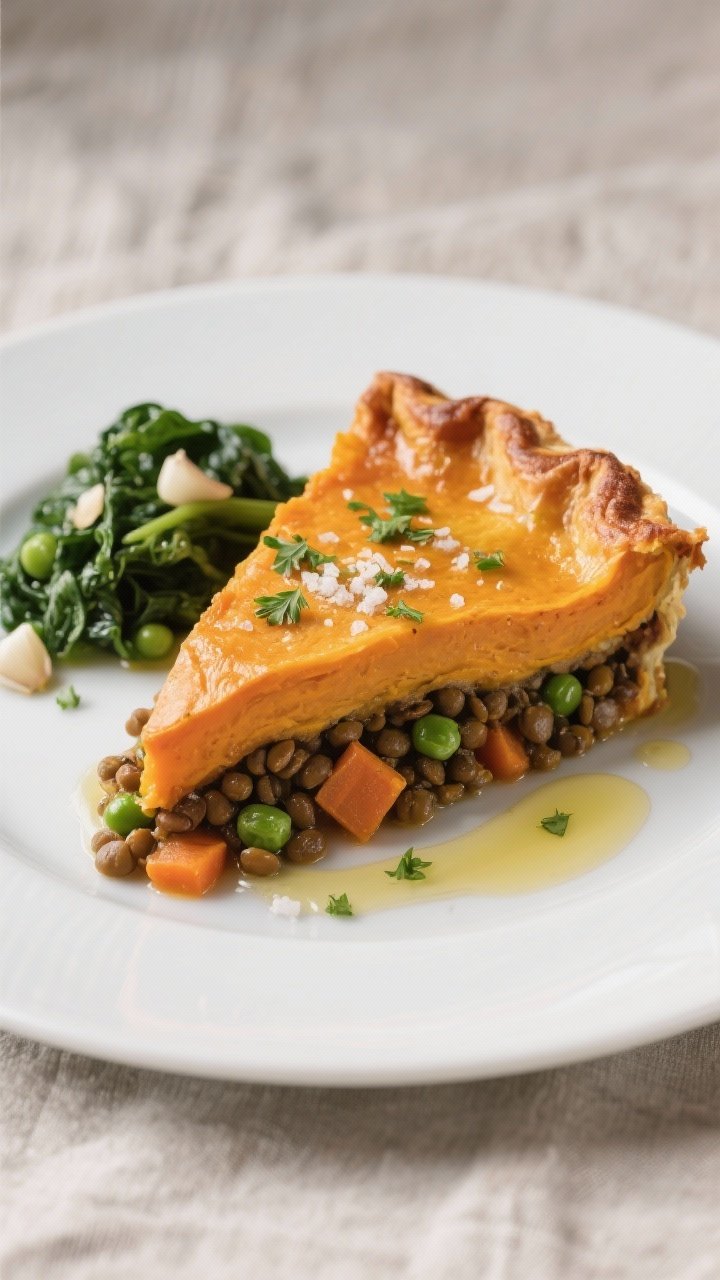 Final plated dish: Restaurant-quality slice of Sweet Potato–Lentil Shepherd’s Pie served on a ma