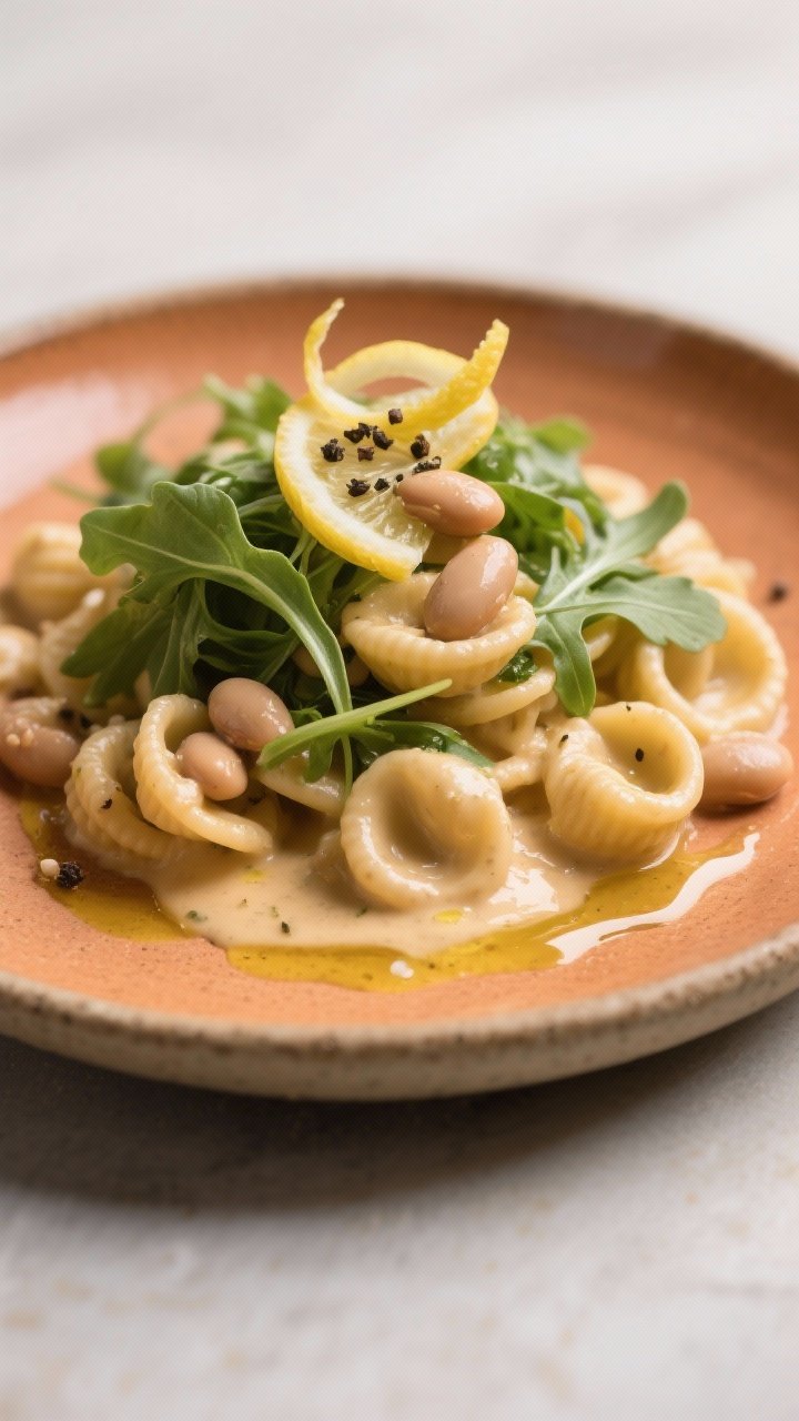 Final plated hero, restaurant-quality presentation: Beautifully plated orecchiette with creamy canne