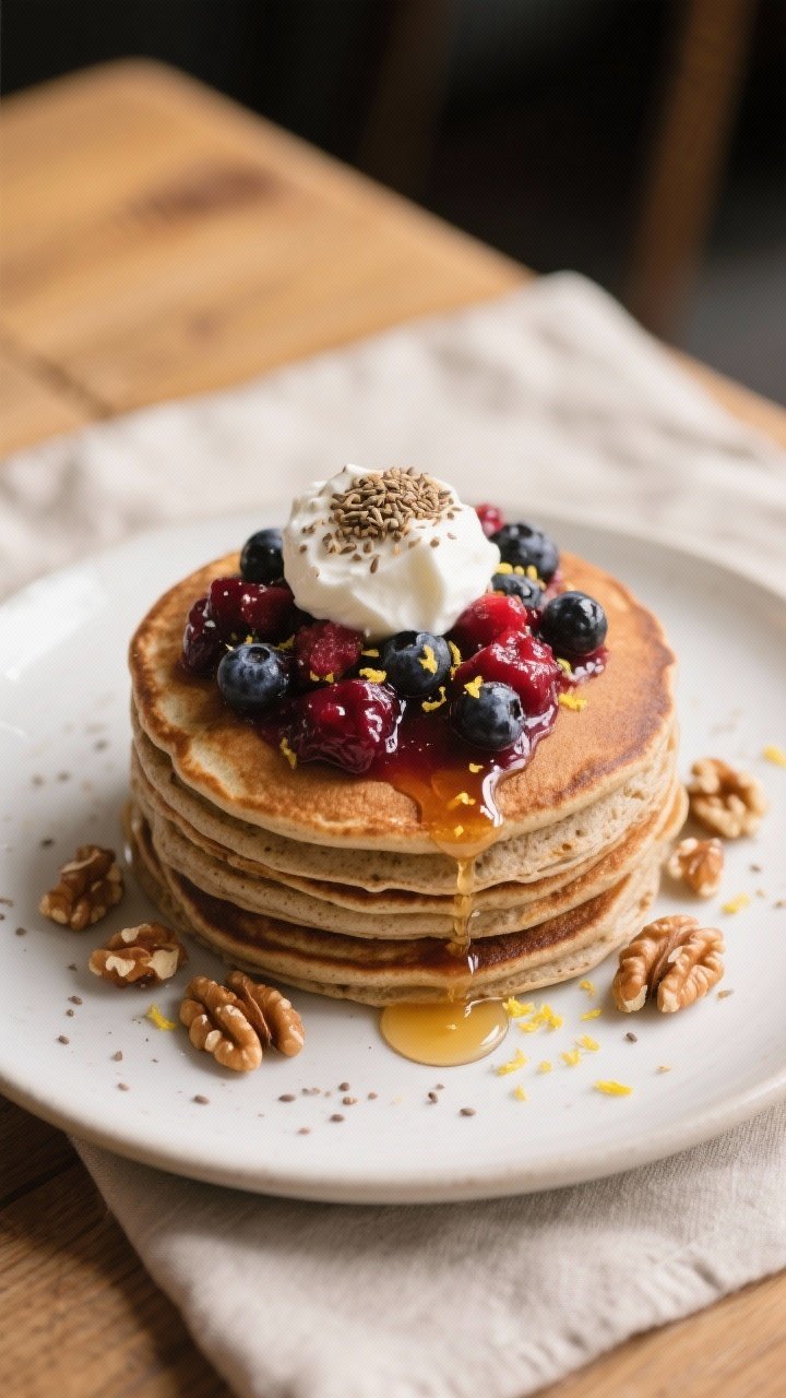 Final plated hero shot: A tall stack of whole‑grain pancakes on a matte white ceramic plate, gener