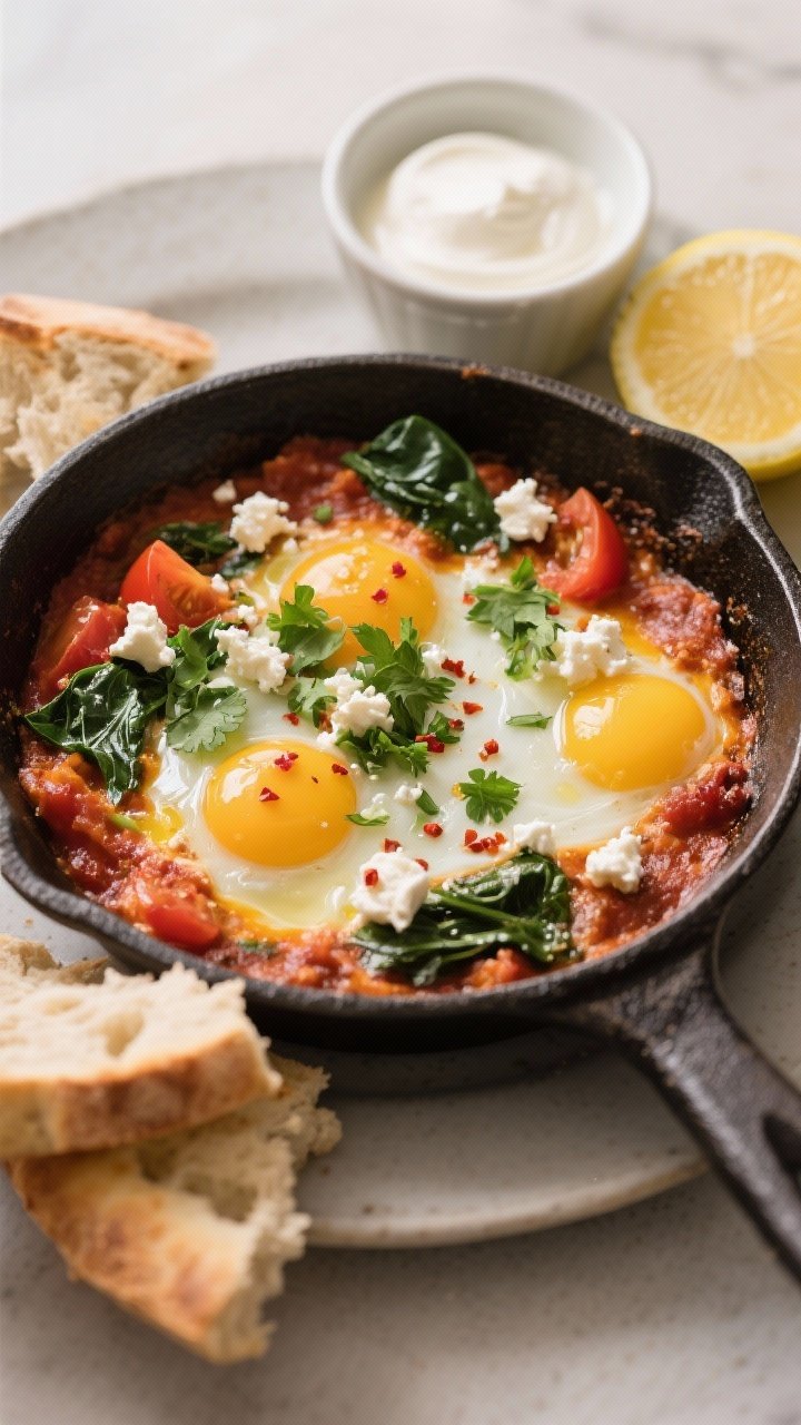 Final plated hero shot: Restaurant-quality presentation of the finished shakshuka served in the skil