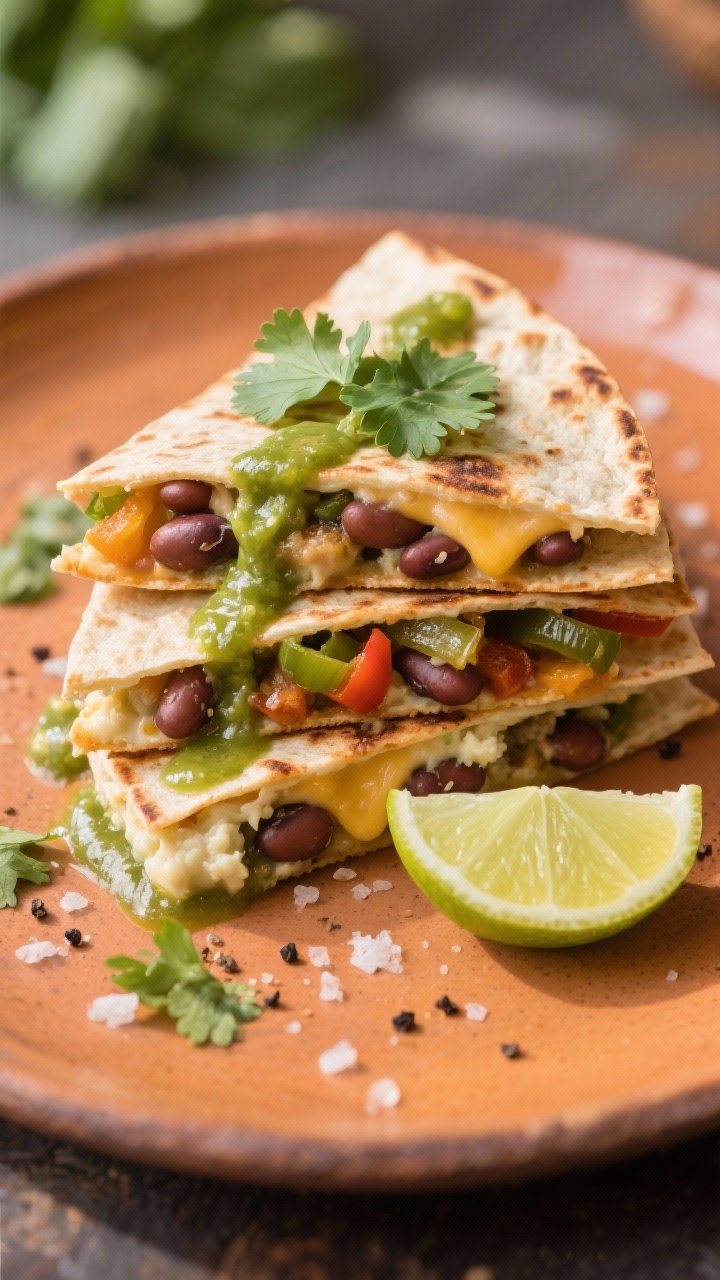 Final plated hero shot: Restaurant-quality presentation of stacked quesadilla wedges on a warm-toned