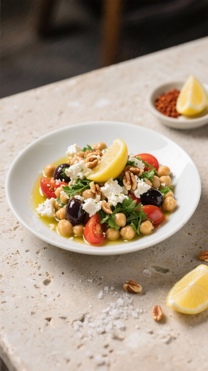 Final plated hero shot: Restaurant-quality presentation of Mediterranean Chickpea Salad in a shallow