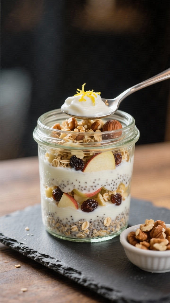 Final plated luxury presentation: Restaurant-quality Birchermuesli layered in a clear glass jar for