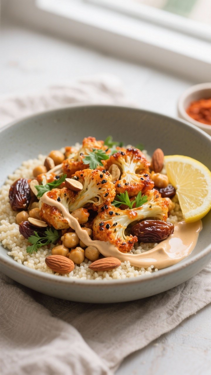 Final plated presentation: Beautifully composed bowl of Roasted Harissa Cauliflower with chickpeas,