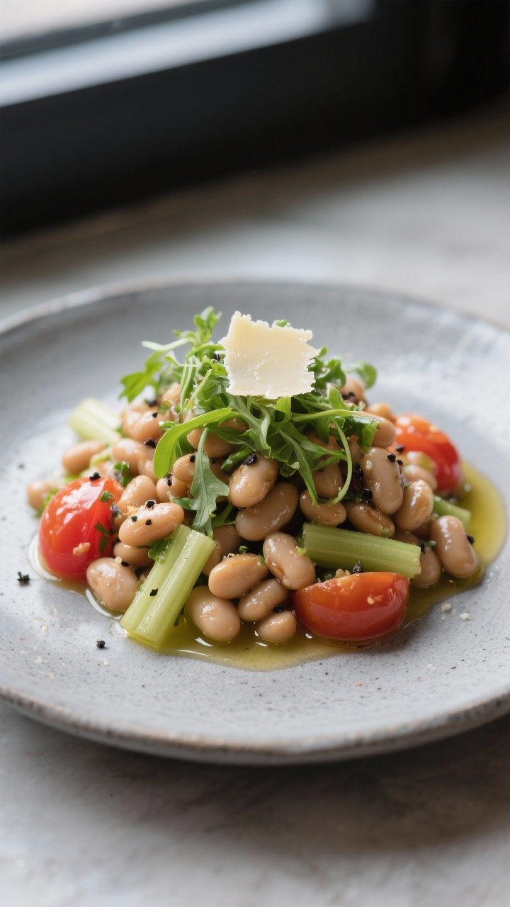 Final plated presentation: Restaurant-quality plating of Tuscan Bean Salad mounded on a cool gray st