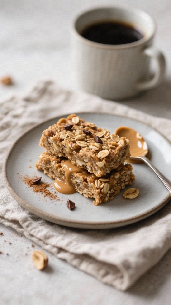 Final plated presentation: Two chewy oat–banana bars stacked on a small matte ceramic plate with a
