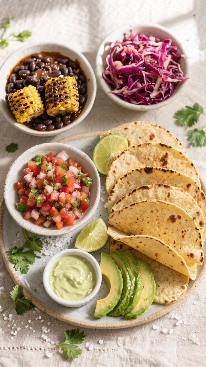 Overhead tasty top view: Build-your-own taco spread showing warmed, slightly blistered corn tortilla