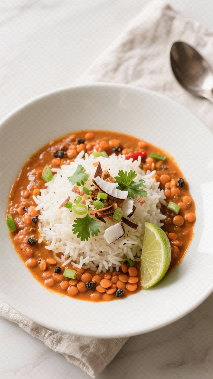 Overhead tasty top view: Final plated Red Lentil Curry over fluffy basmati rice in a wide, shallow w