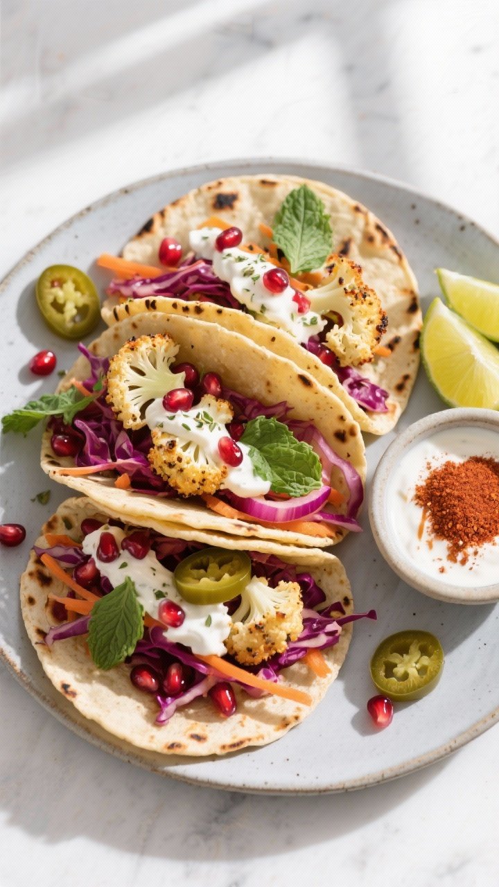 Overhead tasty top view: Fully assembled Za’atar Cauliflower Tacos on a matte ceramic platter, sma
