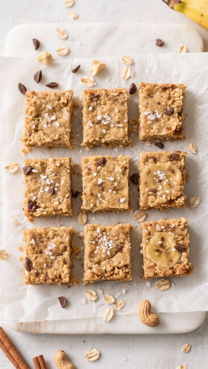 Overhead “tasty top view”: Neat grid of 9 breakfast-size squares cut from the cooled bars on a p