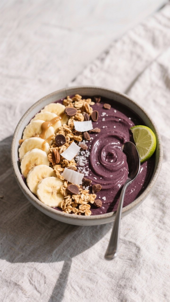 Overhead “tasty top view” of a thick açaí smoothie bowl, spoonable consistency, swirled surfac