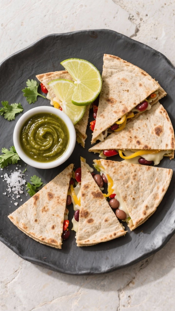 Overhead “tasty top view” shot: Freshly sliced whole-wheat quesadilla wedges arranged in a pinwh
