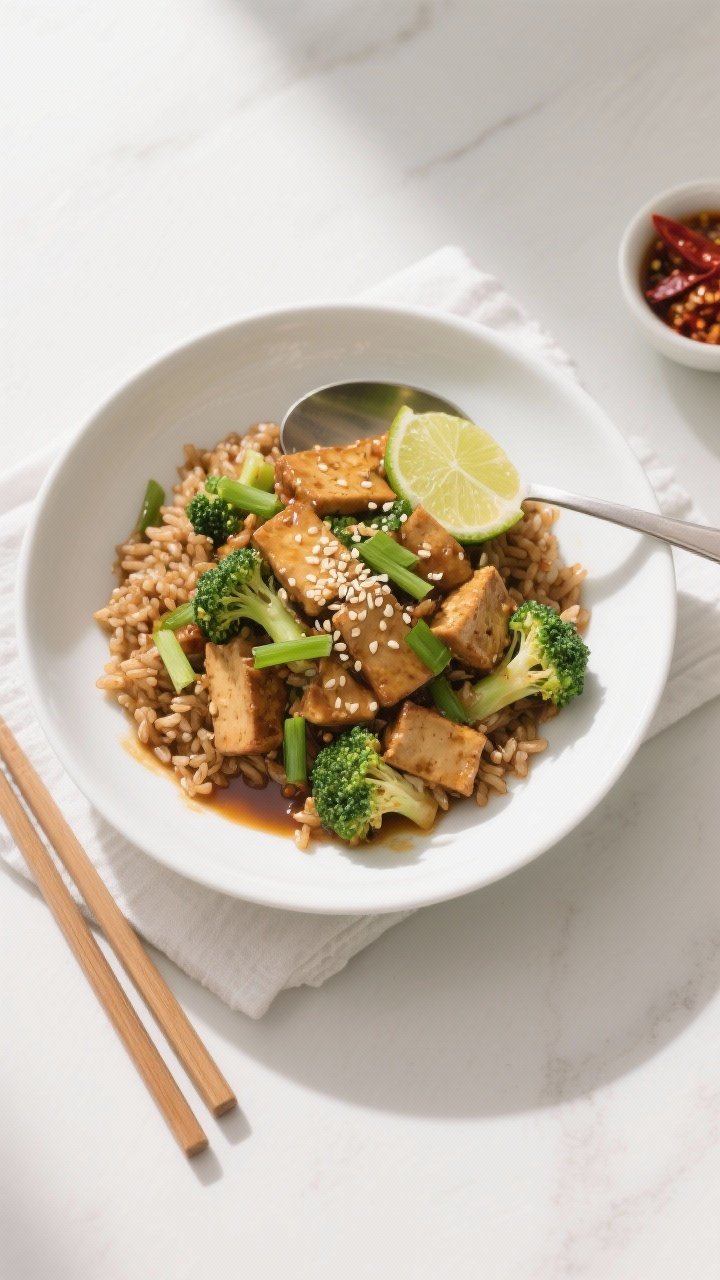 Overhead “tasty top view”: Tempeh–Broccoli Stir-Fry spooned over fluffy brown rice in a wide w
