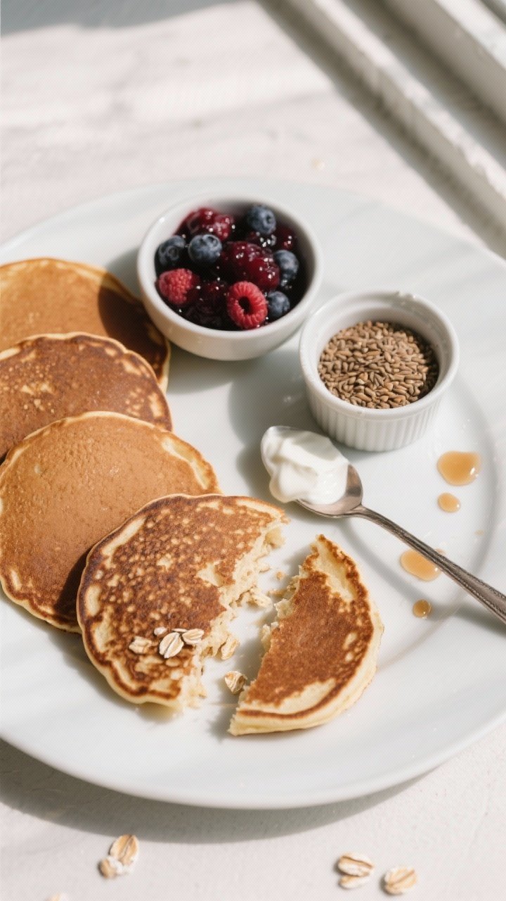 Overhead tasty top view: Top-down shot of a breakfast spread featuring 3–4 evenly browned pancakes