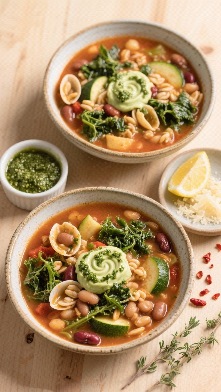 Overhead tasty top view: Top-down shot of two bowls of minestrone with whole-grain shells, kale, bea