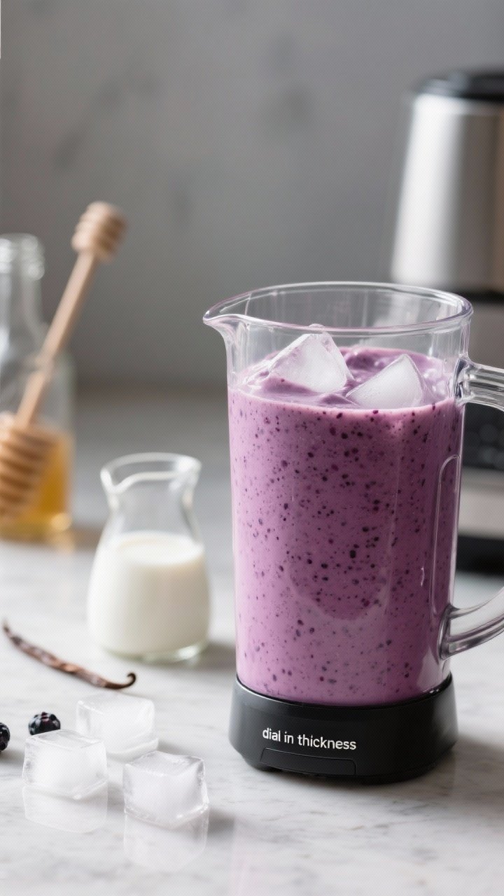 Process-focused side angle of the blender jar just after blending, showing smart layering results: c