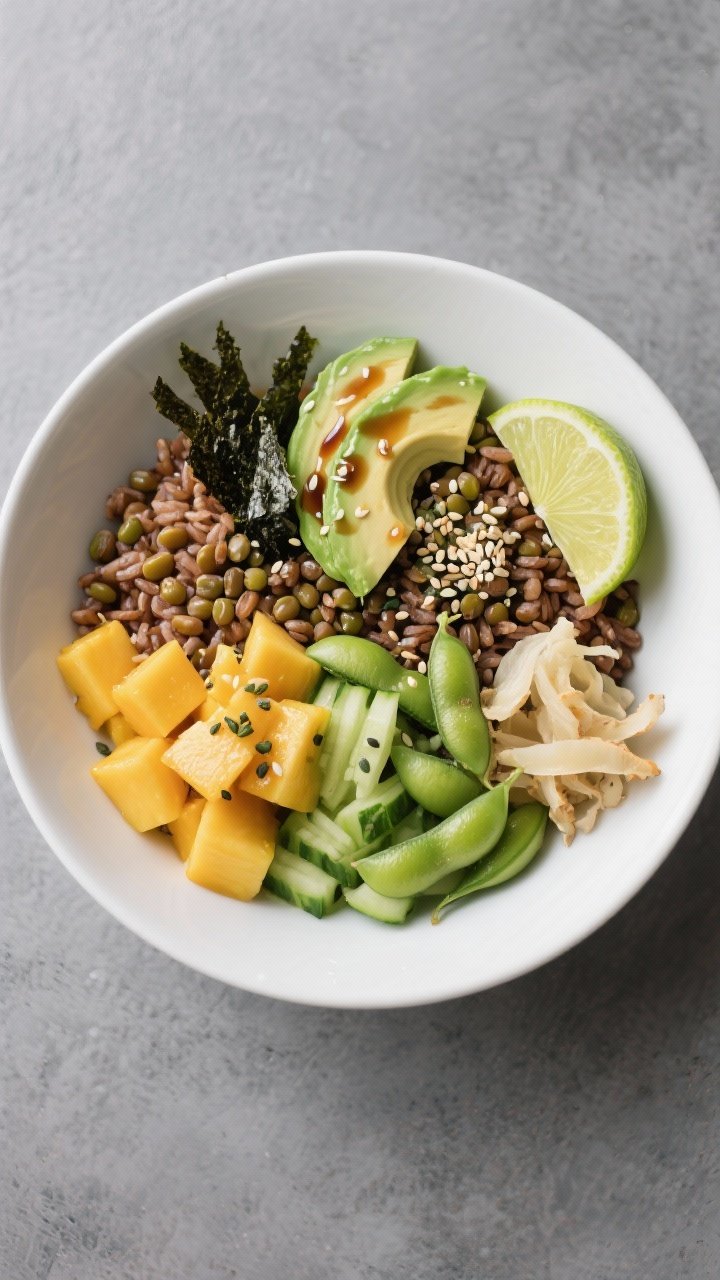Tasty top view final dish: Overhead shot of a Shoyu Lentil “Poke” Bowl neatly composed—quadran