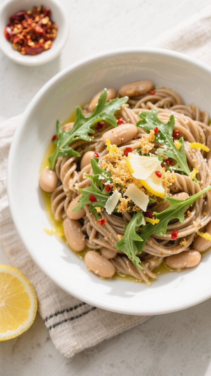 Tasty top view, overhead: Overhead shot of the finished whole-wheat pasta bowl with cannellini beans