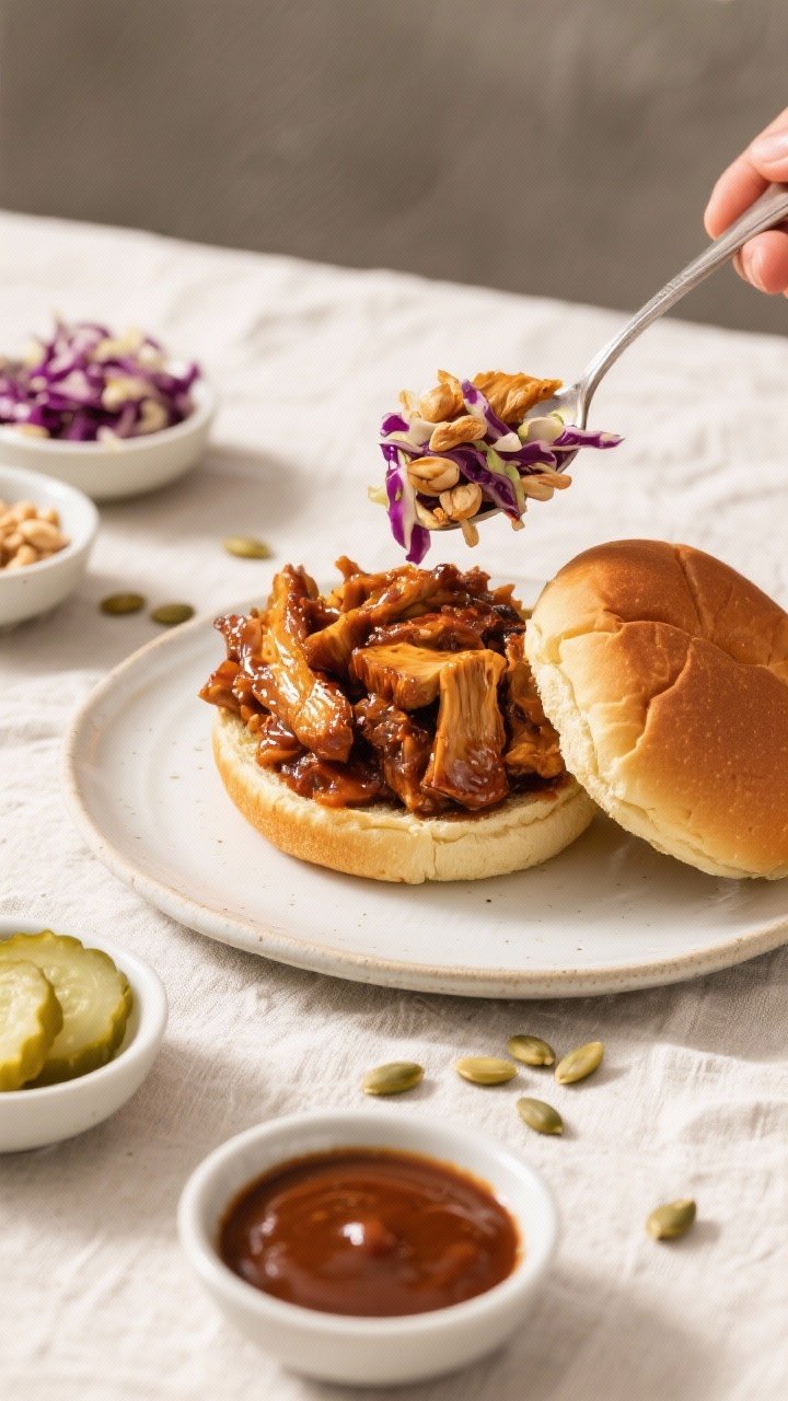 Tasty top view: Overhead shot of a build-your-own spread mid-assembly—bottom bun topped with a gen
